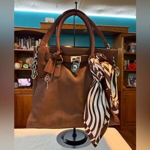 Michael Kors Brown Leather Satchel with Striped Scarf NWOT